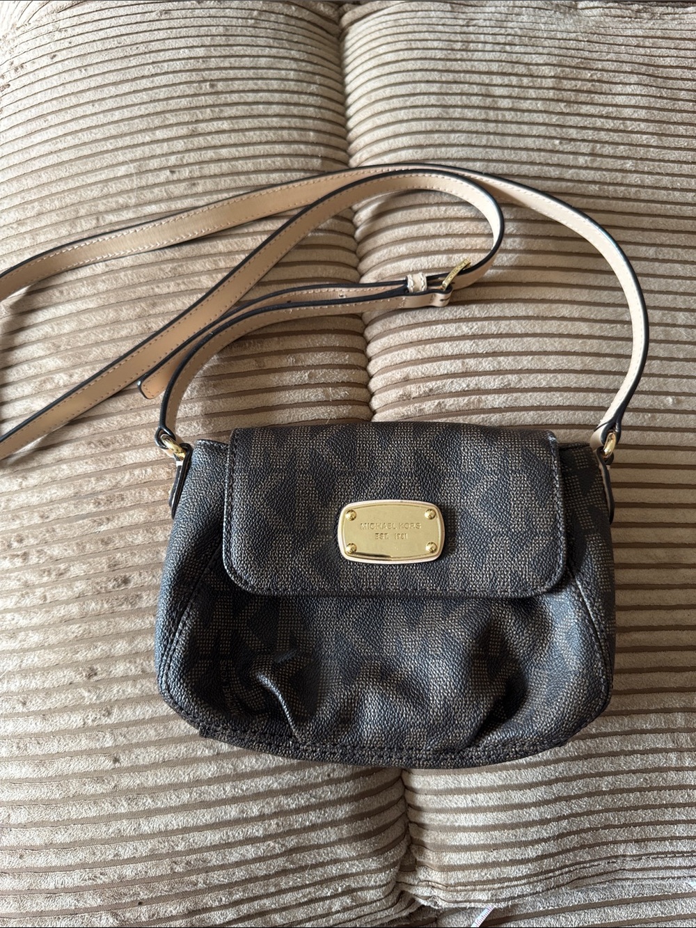 Michael Kors Brown Logo Crossbody with Cream Strap and Gold Plaque